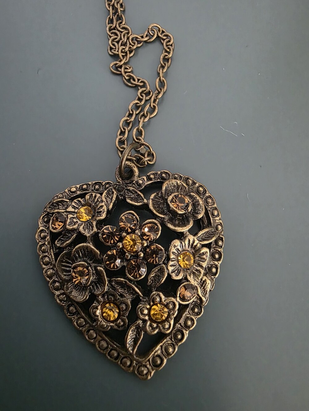 Antique-Style Bronze Heart Pendant Necklace with Amber Crystals